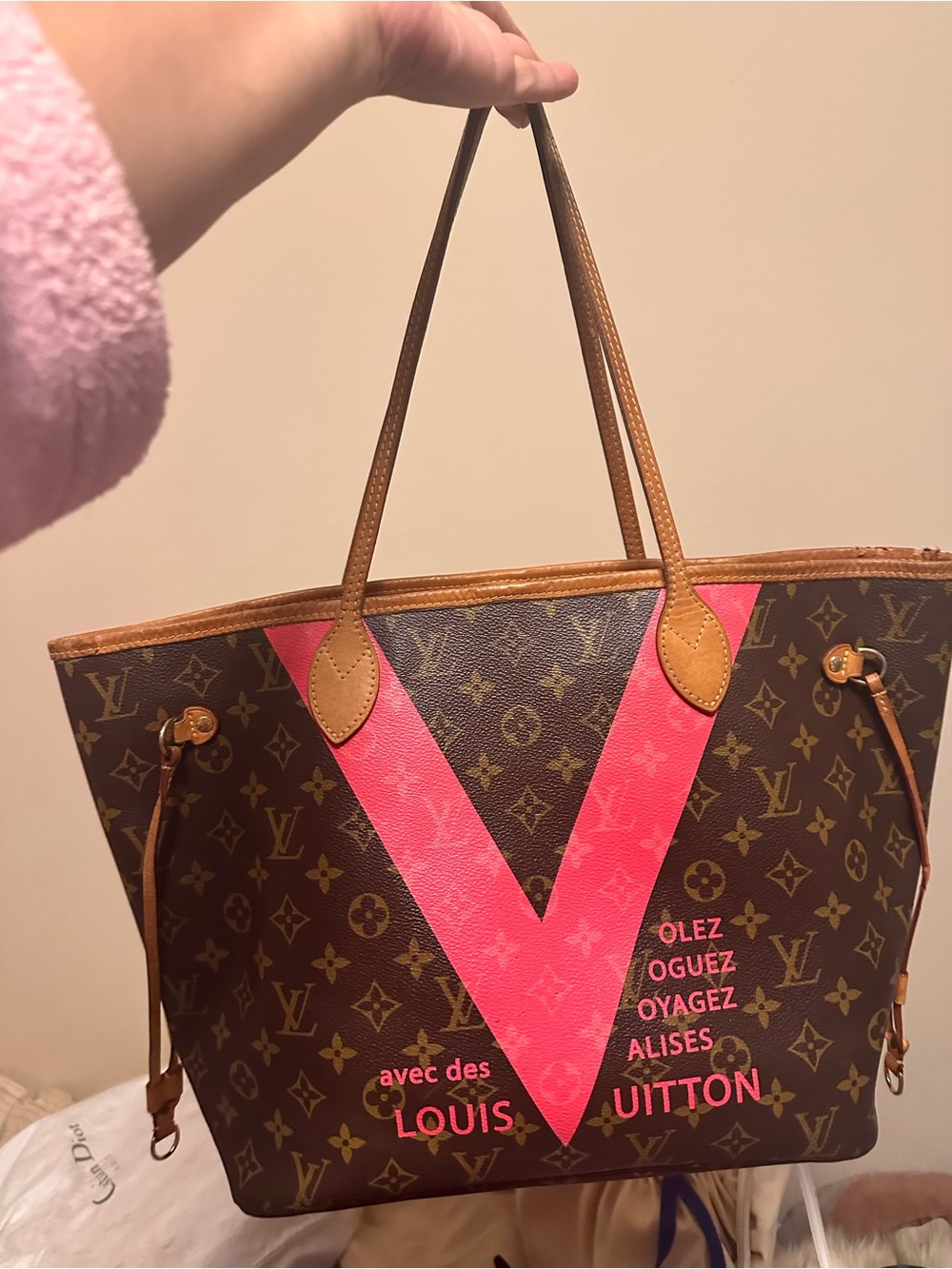 Louis Vuitton Brown Monogram Tote with Bright Pink V Accent